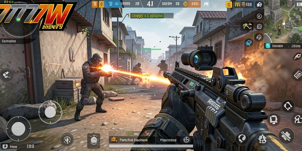 Tangkapan layar dari gameplay mendebarkan 7777W dengan aksi FPS yang intens.