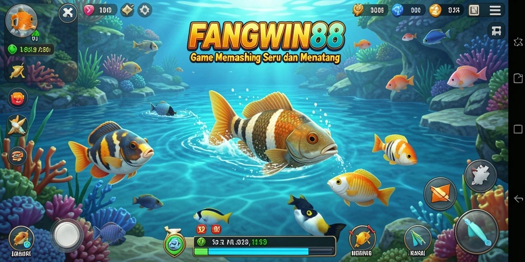 Screenshot FANGWIN88 menampilkan pemain menangkap ikan di laut yang indah.