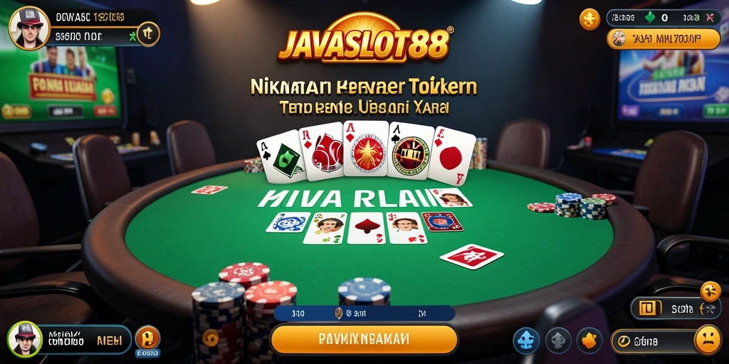 Tampilan gameplay seru dari JAVASLOT88 menunjukkan pemain beraksi di meja poker.