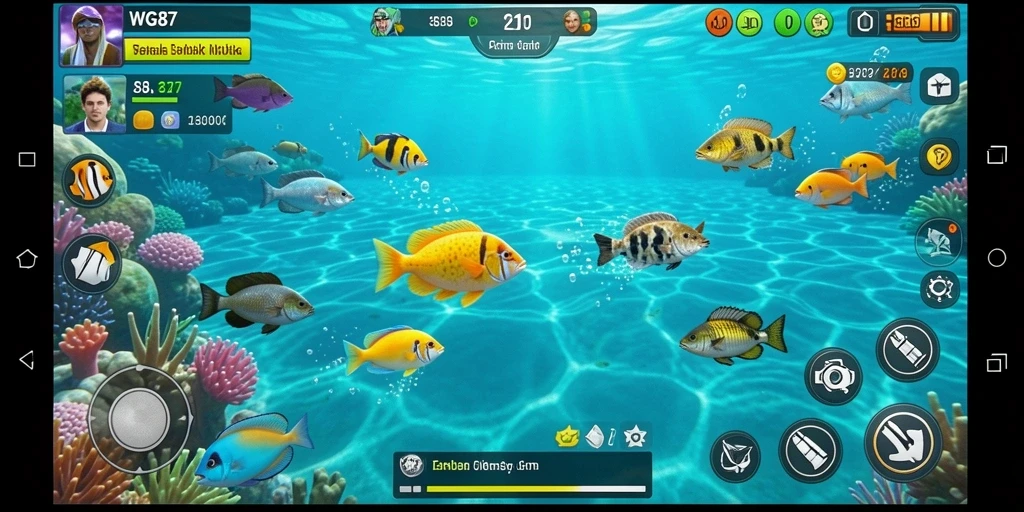 Tampilan gameplay seru di dalam WG87, dengan aksi menembak ikan yang menarik.